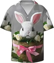 [CADREWY] Bunny Rosette Print Men's Lightweight Stylish Classic Cuban Collar Style Short Sleeve Practical Pocket