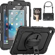 SEYMAC for iPad mini 5/ Mini 4 Case 7.9 Inch, Sturdy Heavy Duty Shockproof Full-Body Protective Case with Screen Protector, Rotating Stand, Hand/Shoulder Strap for iPad mini 5th/4th Gen, Black