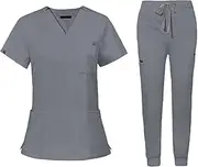 [ａ aternee] Nursing Uniforms Scrub Set Workwear Nurse Top Pants Scrubs for Women Set Comfortable with Pockets Work suits for Pet Grooming, XL, Gray
