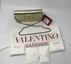 New Valentino Garavani Gold pebble Leather 3 Compartment Wallet Strap Clutch