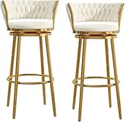 Luxury Set of 2 Swivel Bar Stools, Counter Height Chairs Counter Stools w/Curved Woven Back Footrest Luxury Velvet Barstools Home Bar Kitchen Island STO(Size:Gold Metal Leg 65cm,Color:White)