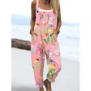 Women's Jumpsuit Active Floral Sleeveless Harem Drawstring Vacation Street Loose Fit Pink Blue Purple Summer