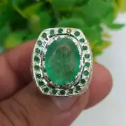 Xmas Ring Natural Emerald Stone Ring Silver Made Jaali Ring 925 Silver Ring