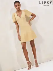 Lipsy Buttermilk Yellow Petite Knitted Metallic Sparkle V-Neck Flute Sleeve Mini Dress (AY0650) | $143