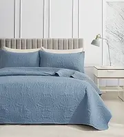 Gioia Casa Lisbon Quilted Embossed Coverlet Set (3Pcs) - Ultra Soft, Comfy, Luxurious Microfibre Material - Elegant Design Coverlet Set for Complete Bedding - Blue - Double/Queen