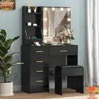 Black Vanity Set Dressing Desk with LED Lighted Sliding Mirror & 6 Drawers Black