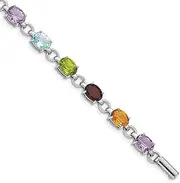 [JewelryWeb] 925 Sterling Silver Rhodium Plated Circle and Oval Multi gemstone Bracelet 18 Centimeters Link-Bracelet for Women