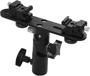 RAYWE T-Shaped Dual Flash Bracket Flash Speedlite Stand with 2 Cold Shoe Mounts 1/4 Inch to 3/8 Inch Mount Umbrella Hole Replacement for Canon Nikon Flash for Light Stand Photography Umbrella