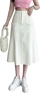 [Viatabuna] Long Denim Skirts for Women Maxi Paperbag High Waist Frayed Raw Hem A line Flare Jean Skirt with Pockets