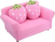 BABY JOY Kids Sofa with 2 Cute Strawberry Pillows, Children Couch Armrest Chair Double Seats, Toddler Lounge Bed with Wooden Frame & Coral Fleece Surface for Bedroom, Living Room (Pink)