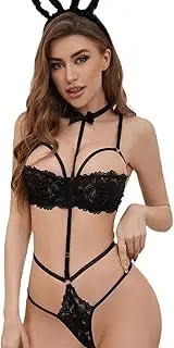 [JINZIJINYU] Women Lace Bodysuit Sexy Lace Bunny Suit Hollow Temptation Sexy One Piece Underwear Tights