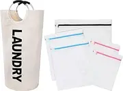 Laundry Bag Laundry Basket 115L Collapsible Dirty Clothes Hamper with Carry Handles Portable Travel Storage Bag Waterproof Tall Organiser - Beige with 5 Piece Laundry Bra Lingerie Mesh Wash Bags