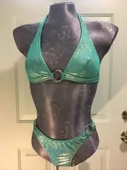 Venus Aquamarine Iridescent Sparkle Goddess Halter Top and Hipster Bottom NWT!