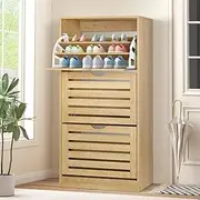 [ALFORDSON] 3-Tier Shoe Cabinet Rack with Flip -up Drawers, 60x29.5x121.5cm, Footwear Storage with Adjustable Shelves, Shoe Organizer Ventilated Design Easy Assembly, Wood