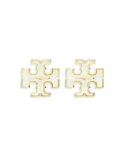 Tory Burch Kira Mother Of Pearl Double T Stud Earrings in Gold Tone