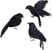 Halloween Black Feathered Crows, Realistic Looking Raven, Halloween Prop Decor, Spooky Halloween Party Home Decorations, 3 Pack