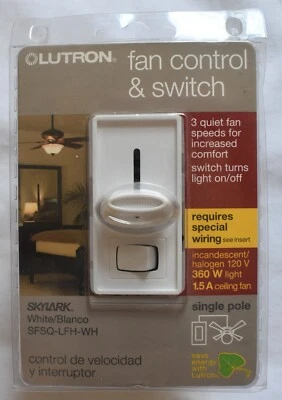 Lutron Skylark 3 Speed Fan Control/Light Switch Single Pole, White SFSQ-LFH-WH