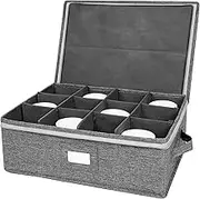 Cup and Mug Storage Box, China Storage Containers Chest with Zipper Lid and Handles, Holds 12 Coffee Mugs and Tea Cups, Hard Shell and Stackable (Grey)