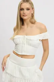 White Crop Top Ruffle Off Shoulder Linen Blend - Size 16XL, Women's Crop Top