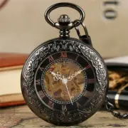 Retro Black Roman Number Skeleton Mechanical Pocket Watch Man Women Chain Gift
