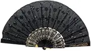 Accessotech Spanish Lace Silk Folding Hand Held Dance Fan Flower Pattern for Party Wedding (Black)