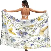 [RPLIFE] Watercolor Wildflowers Butterflies White Beach Sarong Swimsuit Wrap, Summer Large Sarongs Women, Large, Watercolor Wildflowers Butterflies White, Large