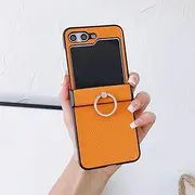 [MVVKKY] for Samsung Z Flip 4 Ring Holder Case Lichee Pattern Pu Leather 3 in 1 Hinge Shockproof Cover(for Samsung Z Flip 4/Orange)