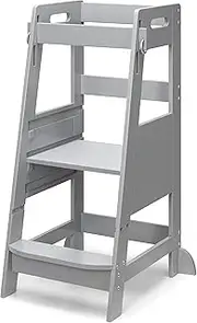 TOETOL Bamboo Toddler Step Stool Grey Learning Standing Helper Tower for Toddlers Kitchen Stools Counter 3 Height Adjustable Helper with Non-Slip Mat