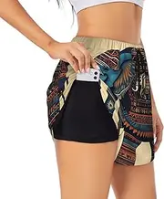 [WURTON] Aztec Elephant Print Exercise Gym Workout Shorts Women's Athletic Shorts Dual-Layered Yoga Running Shorts
