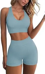 [JN JANPRINT] Women's Gym 2 Piece Sets High Waisted Ribbed Yoga Shorts Seamless Sports Bra Workout Outftis Exercise Activewear Set