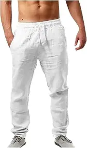 [Generic] Summer Cotton Linen Pants for Men Elastic Waist Casual Yoga Pants Lightweight Beach Vacation Trousers with Pockets