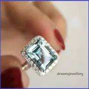 2.55CT Emerald Cut Real Aquamarine 14K White Gold Over Wedding Halo Jewelry Ring