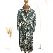 NWT Zara Size XL Green White Floral Midi Button Front Dress w/Belt 100% Viscose