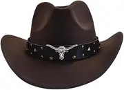 YFVFAGDMKV Classic Rolled Western Men Cowboy Hat Vintage Western Style Felt Hat Imitation Wool Cowboy Cowgirl Jazz Cap(Brown)