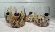 4 White Cristal Murano Style Multicolor Confetti Stemless Wine Glasses Italy New