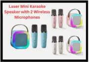 Laser Mini Karaoke Speaker with 2 Wireless Microphones Bluetooth Blue
