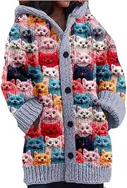 [Qhecomce] Cute Cat Pattern Knit Hooded Cardigan Cat Sweaters For Women Plus Size Cat Cardigan For Women Lover Gift