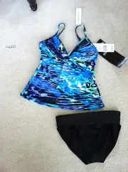 MIRACLESUIT ROSWELL AQUA/BLACK GEOMETRIC TANKINI SWIMSUIT 8 10 12 14 16 18