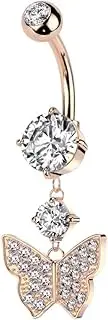 [Pierced Owl] 14GA 316L Stainless Steel CZ Crystal Dangling Butterfly Drop Belly Button Ring