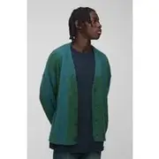 Mens Green Relaxed Fit Stripe Boucle Knitted Cardigan