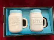 Salt & Pepper Shaker Set White Blue Glass Mason Jar Jars W Handle 3 in high NIB
