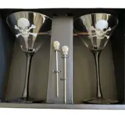 Moonlight Manor Skull Crossbones 10oz Martini Glasses w Skull Picks Set Of 2 NIB