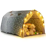 Babyjoy Kids Dream Bed Tent Twin Bunk Bed w/Net Curtains String Lights Indoor Sleeping Canopy Grey