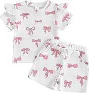 [NZNDSHD] Toddler Baby Girl Clothes Summer Bow Print Short Sleeve T-Shirt Tops Pockets Shorts Set Waffle Knit Outfit