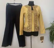 NWT Kasper Womens Embroidery Saffron Yellow Black Linen 3PC Pant Suit Sz 6P $280