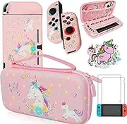 Pink Unicorn Carrying Case Compatible with Nintendo Switch with Dockable Protective Grip Case + Screen Protector + Unicorn Stickers, Hard Storage Case Accessories Kit for Girls Birthday