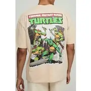 Mens Sand Oversized Extended Neck Teenage Mutant Ninja Turtles License Printed T-Shirt