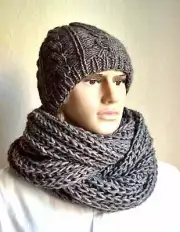 Hand knitted men's alpaca wool hat & snood scarf set