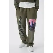 Mens Khaki Relaxed Fit Flare Graphic Distressed Brushback Joggers