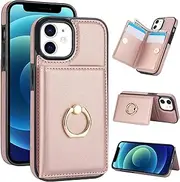 [Boyobacase] for iPhone 12 Case Wallet with Card Holder,for iPhone 12 Flip Case 360°Rotation Ring Holder Kickstand Protective,RFID Blocking Phone Cover with 4 Card Slots and Cash Pocket-Rose Gold